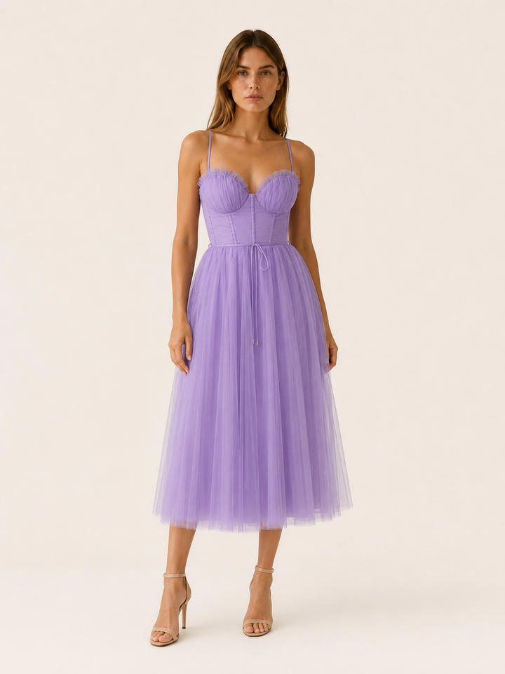 Black Tulle Midi Dress with Sweetheart Neck – angled view