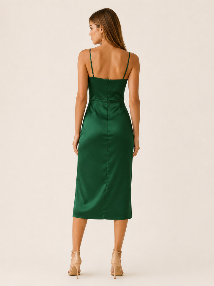 Black Cowl Neck Satin Midi Dress with Side Slit – back view