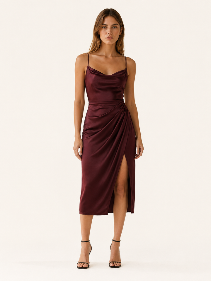Black Cowl Neck Satin Midi Dress with Side Slit – model view