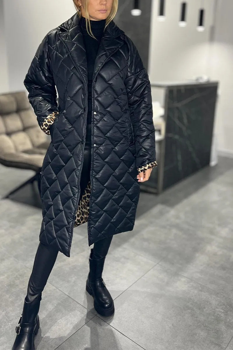 Marisol | Women's Longline Quilted Coat with Leopard Print Lining