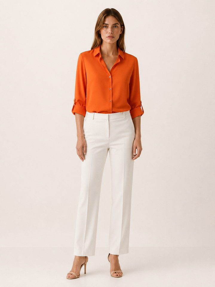 Orange Collared Blouse with Button Front – front view