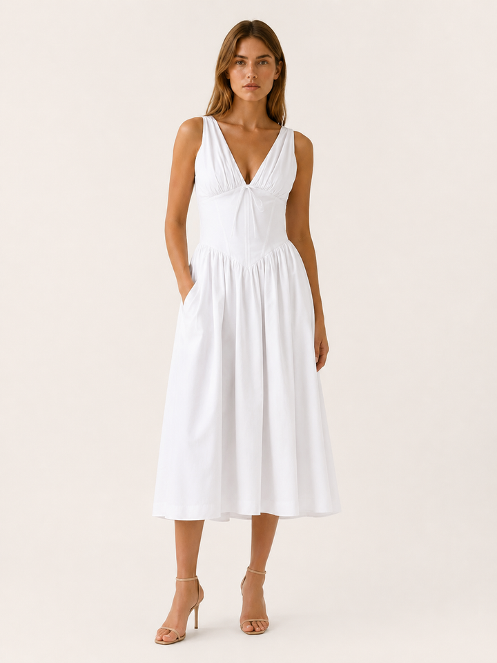 White Plunge Midi Dress with Full Skirt – front view