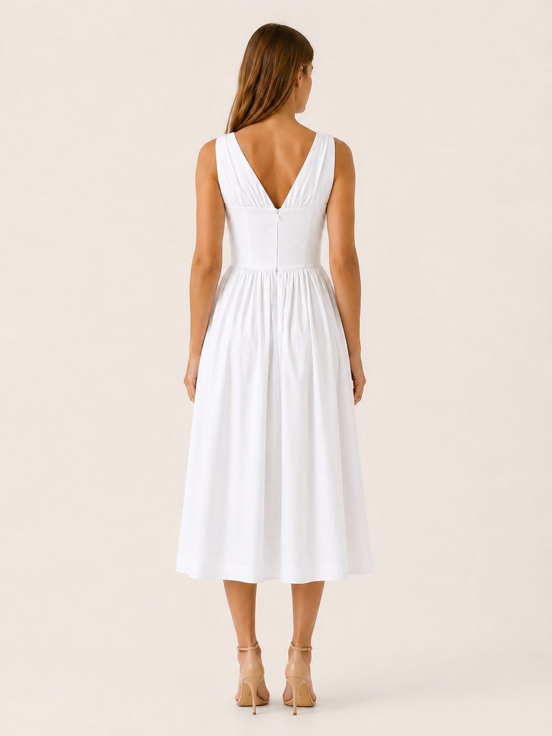 White Plunge Midi Dress with Full Skirt – back view