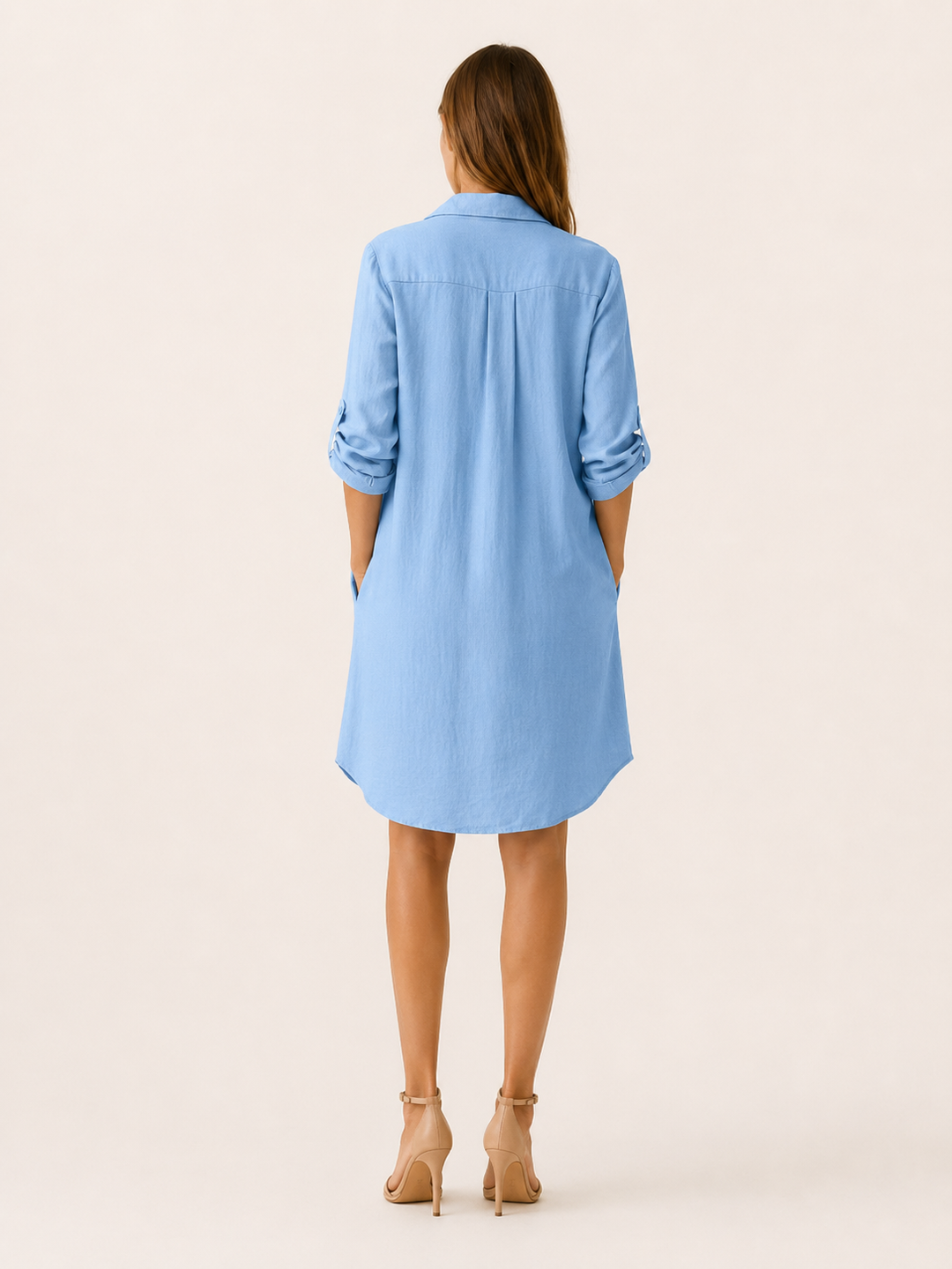 Blue Shirt Dress with Button Front and Side Pockets – back view