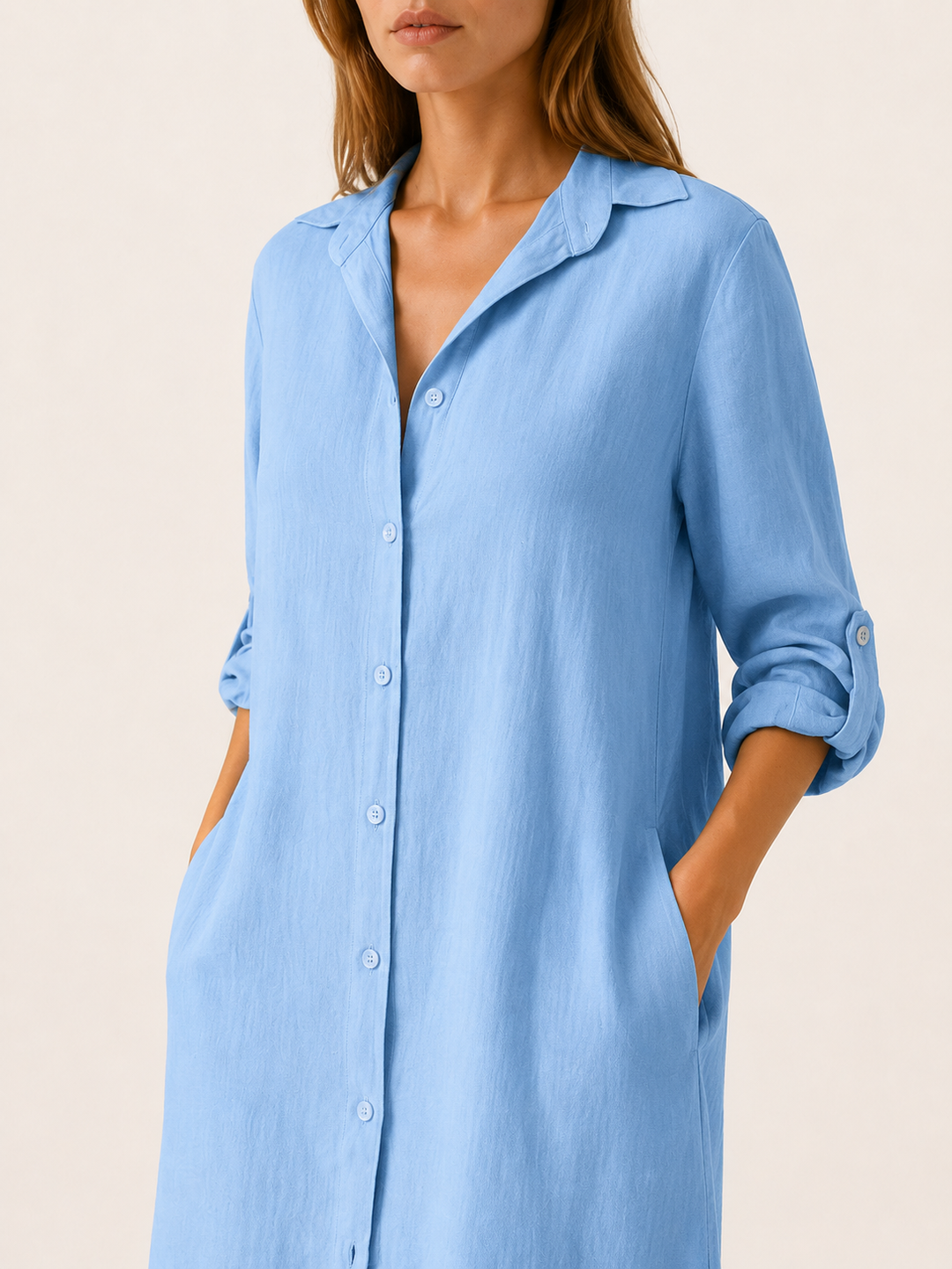 White Shirt Dress with Button Front and Side Pockets – detail view