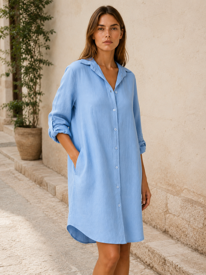 Blue Shirt Dress with Button Front and Side Pockets – close-up
