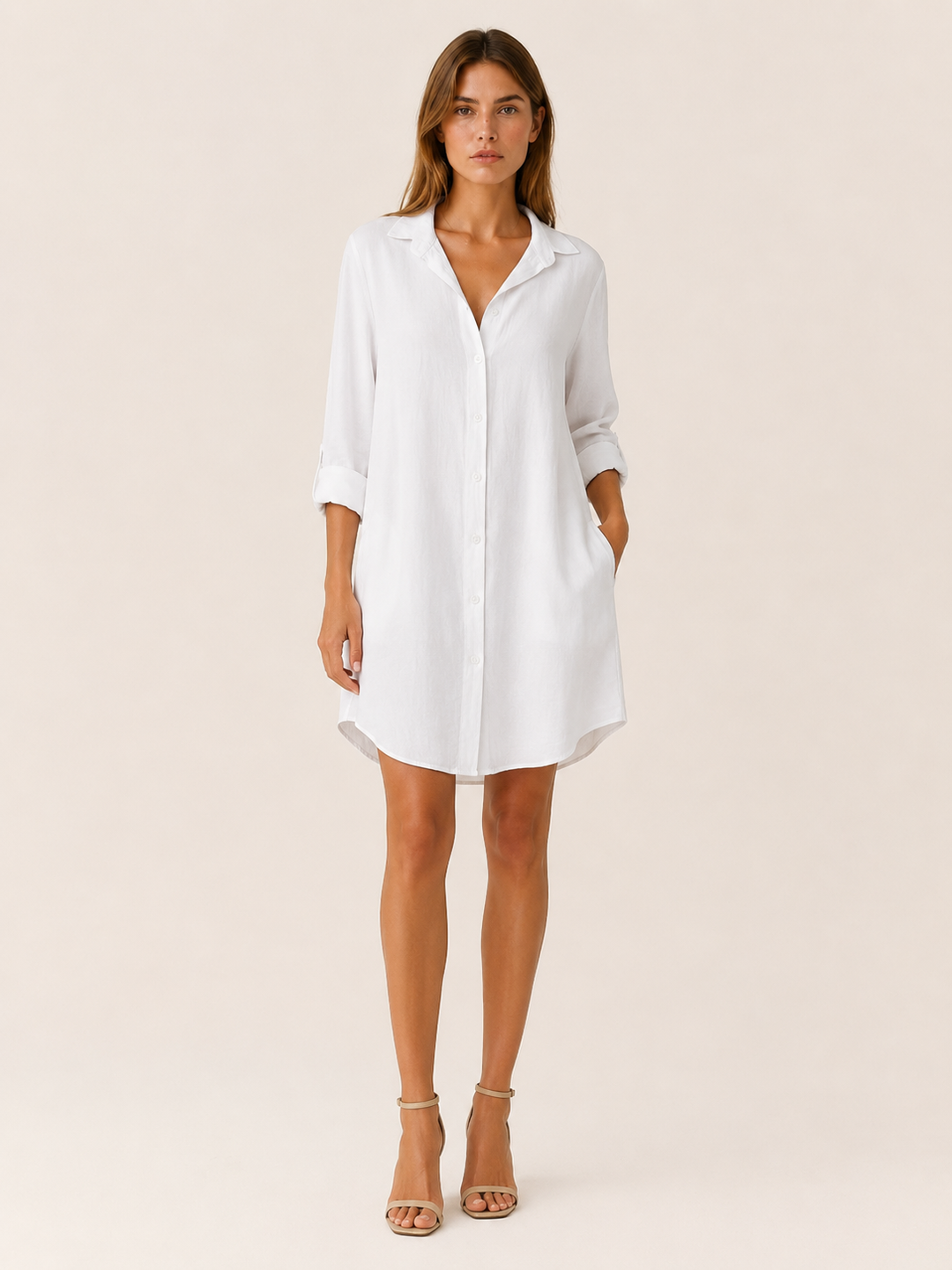 White Shirt Dress with Button Front and Side Pockets – lifestyle