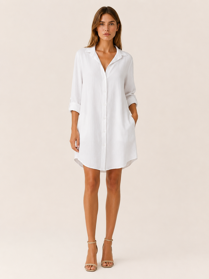 White Shirt Dress with Button Front and Side Pockets – lifestyle