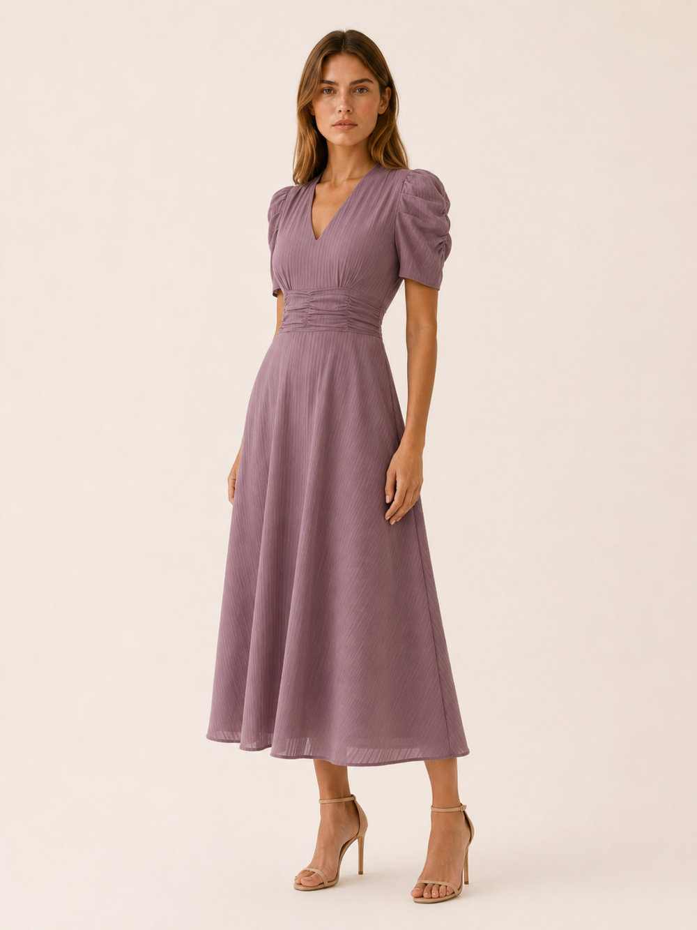 Red V Neck Midi Dress with Ruched Waist – side view