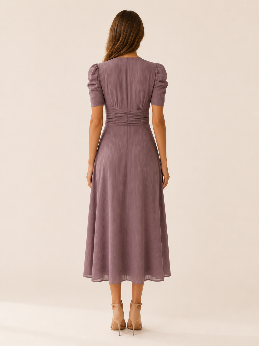 Beige V Neck Midi Dress with Ruched Waist – back view