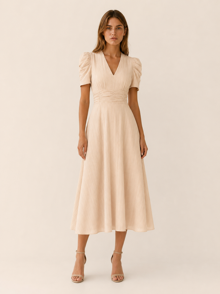 Brown V Neck Midi Dress with Ruched Waist – full length view