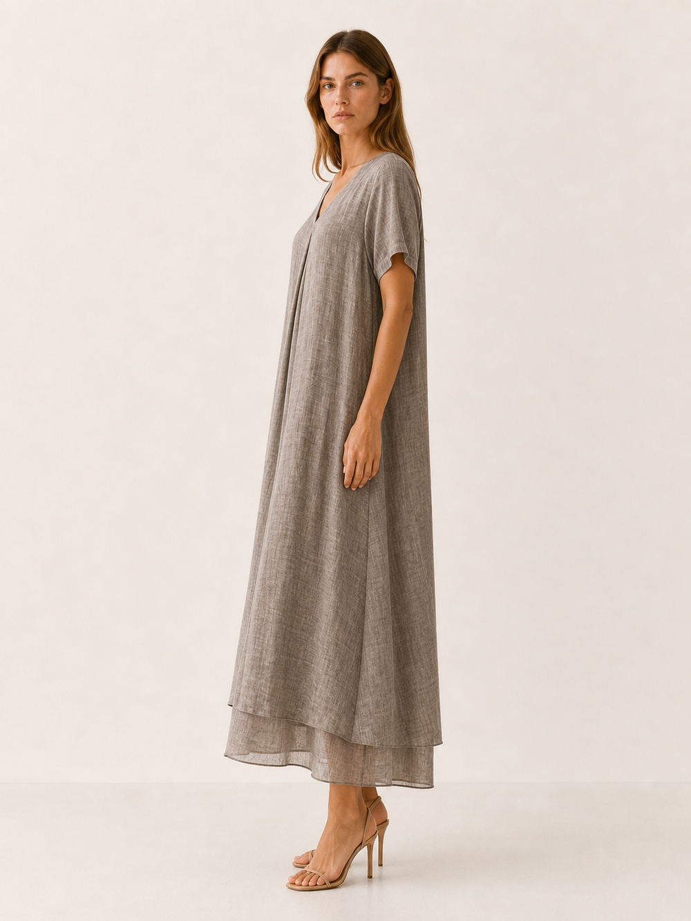 Beige Loose Maxi Dress with V-Neckline – side view