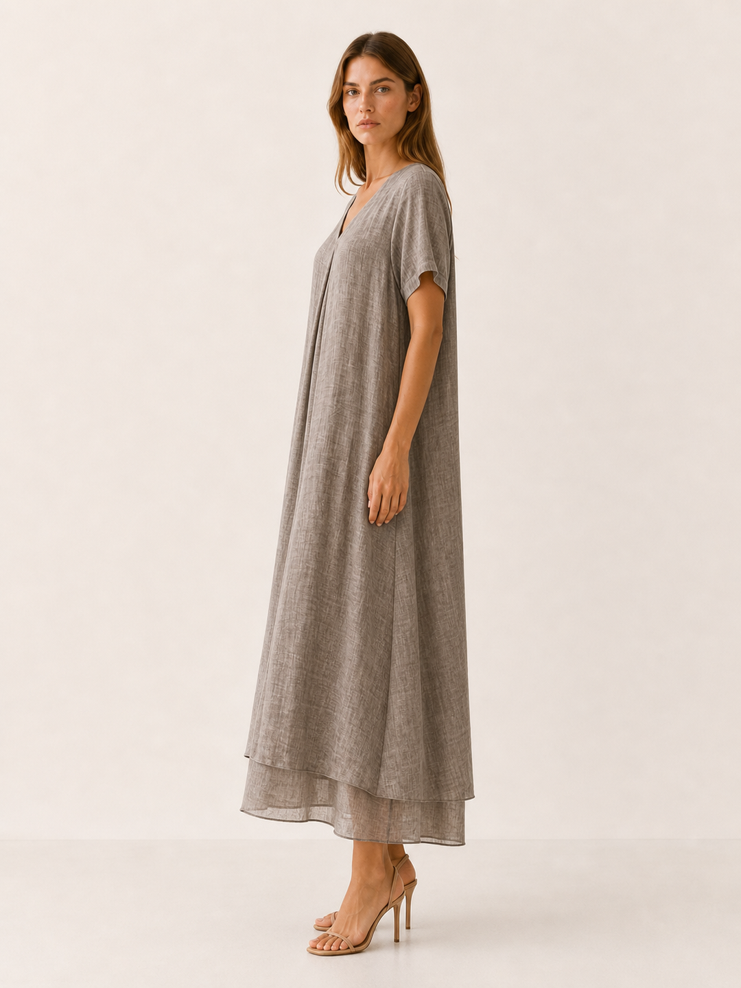 Beige Loose Maxi Dress with V-Neckline – side view