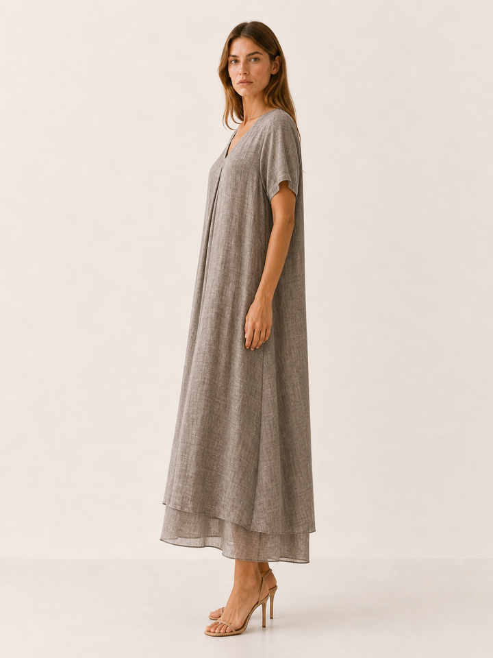 Beige Loose Maxi Dress with V-Neckline – side view