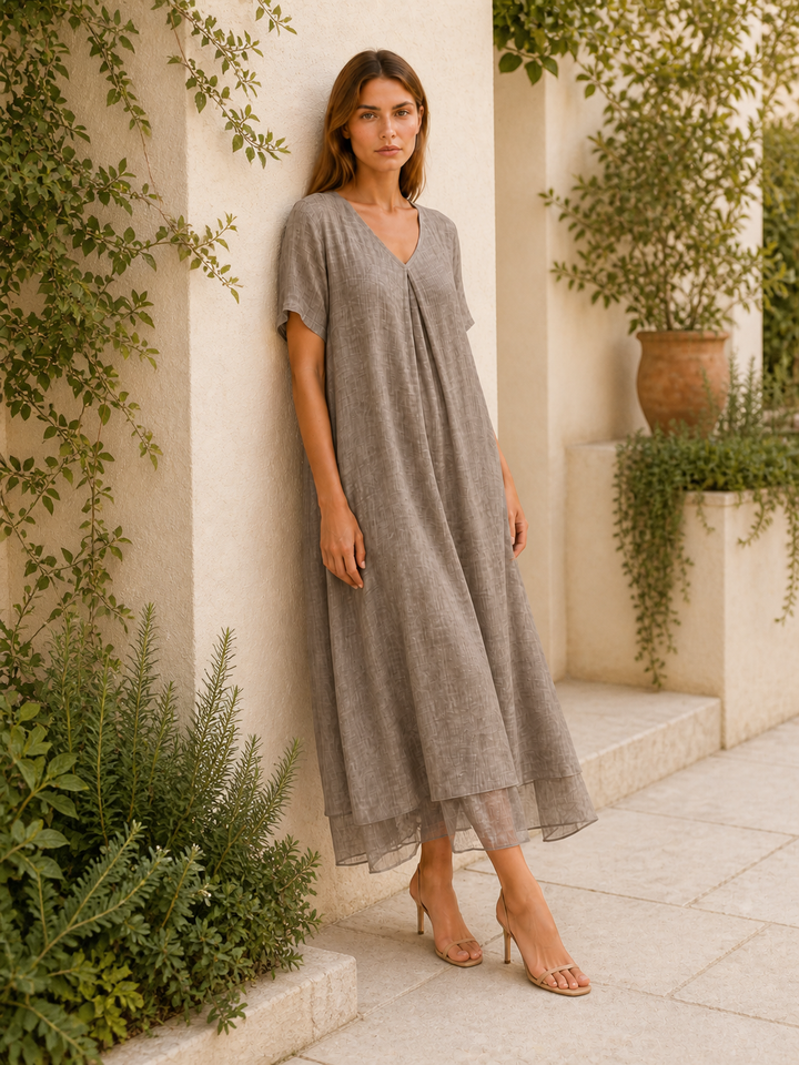 Blue Loose Maxi Dress with V-Neckline – back view