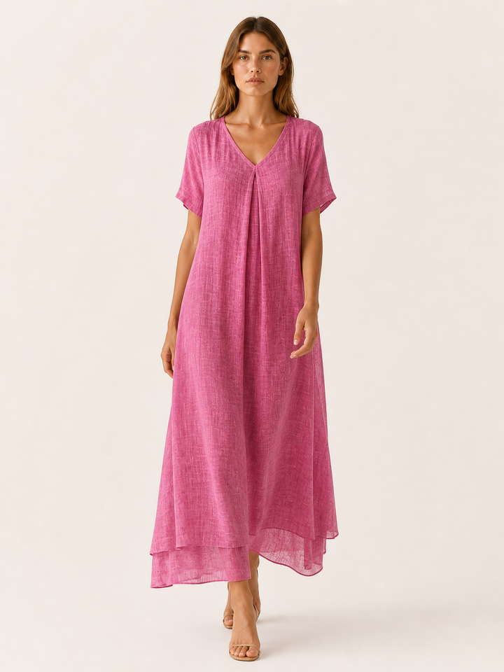 Beige Loose Maxi Dress with V-Neckline – full length view