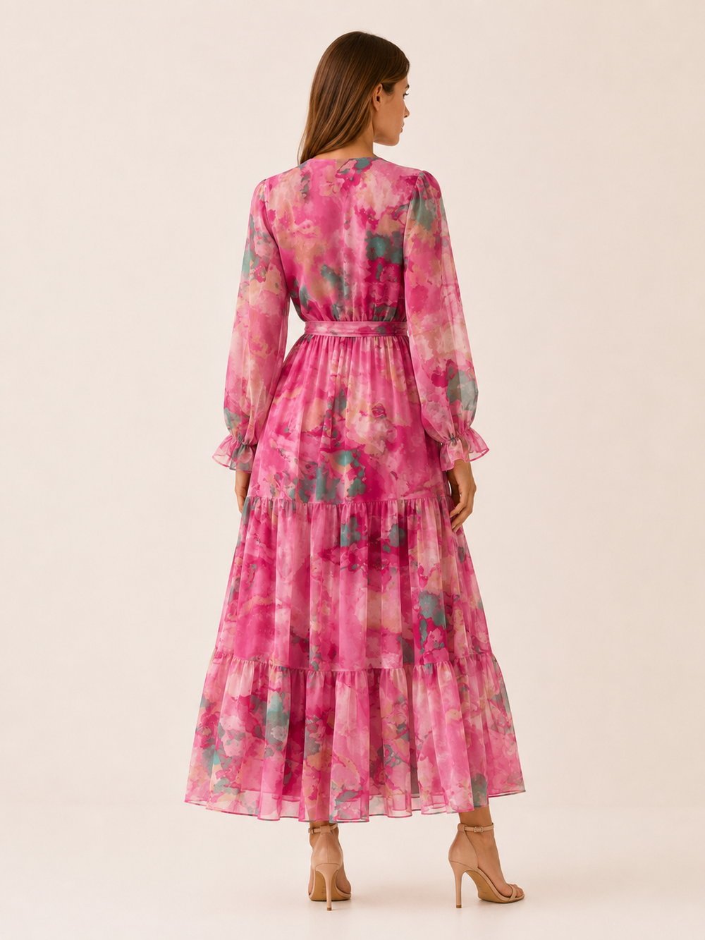 Pink Printed Maxi Dress with Tie Waist – side view