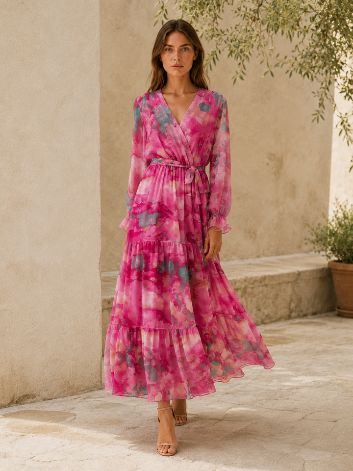 Pink Printed Maxi Dress with Tie Waist – back view