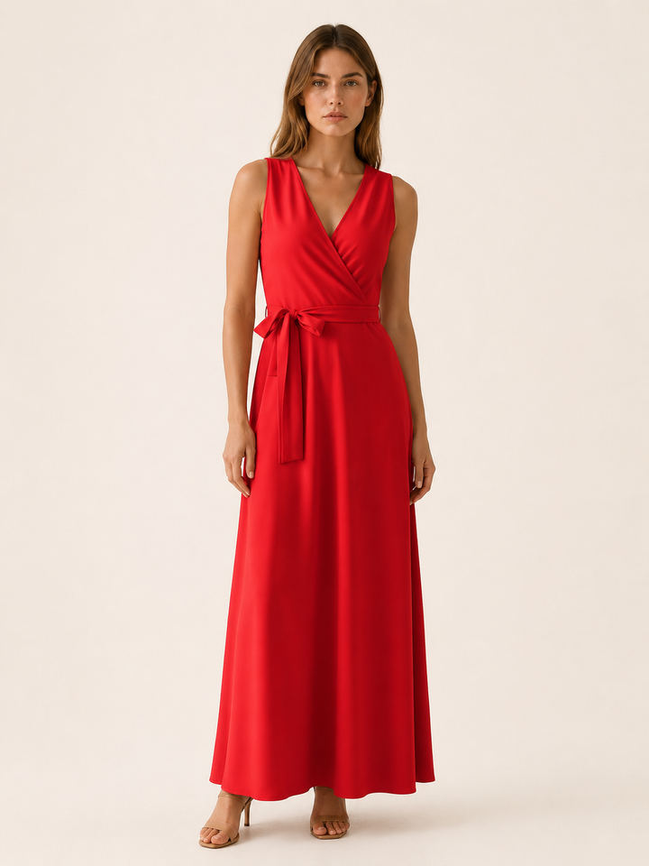 Red Maxi Dress with V Neck and Tie Waist – front view