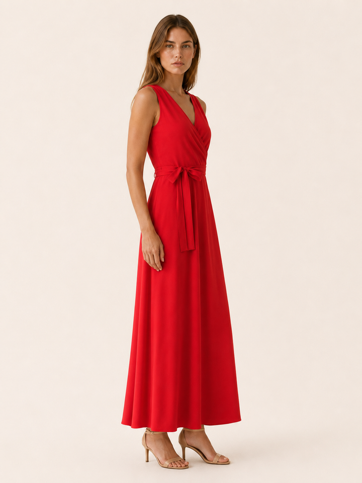 Red Maxi Dress with V Neck and Tie Waist – side view