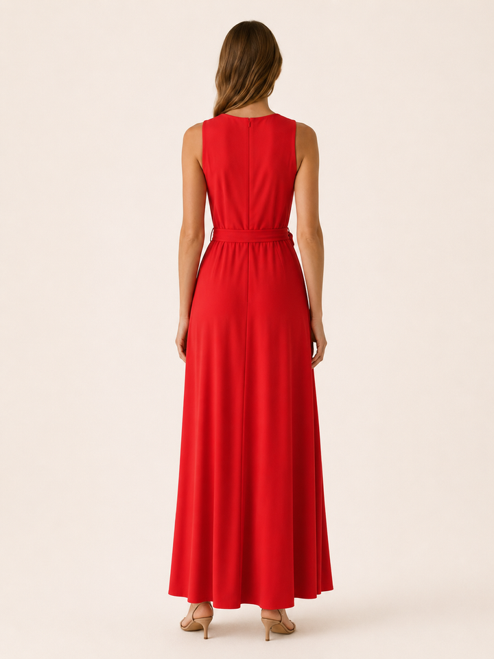 Red Maxi Dress with V Neck and Tie Waist – back view