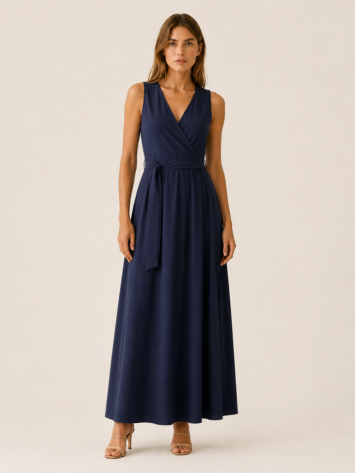 Red Maxi Dress with V Neck and Tie Waist – model view