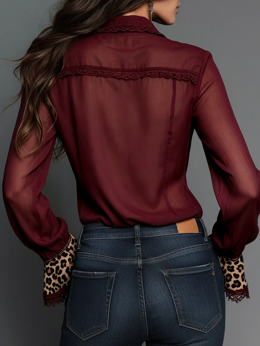 Retro Leopard Print Chiffon Fitted Blouse With Lace Trim