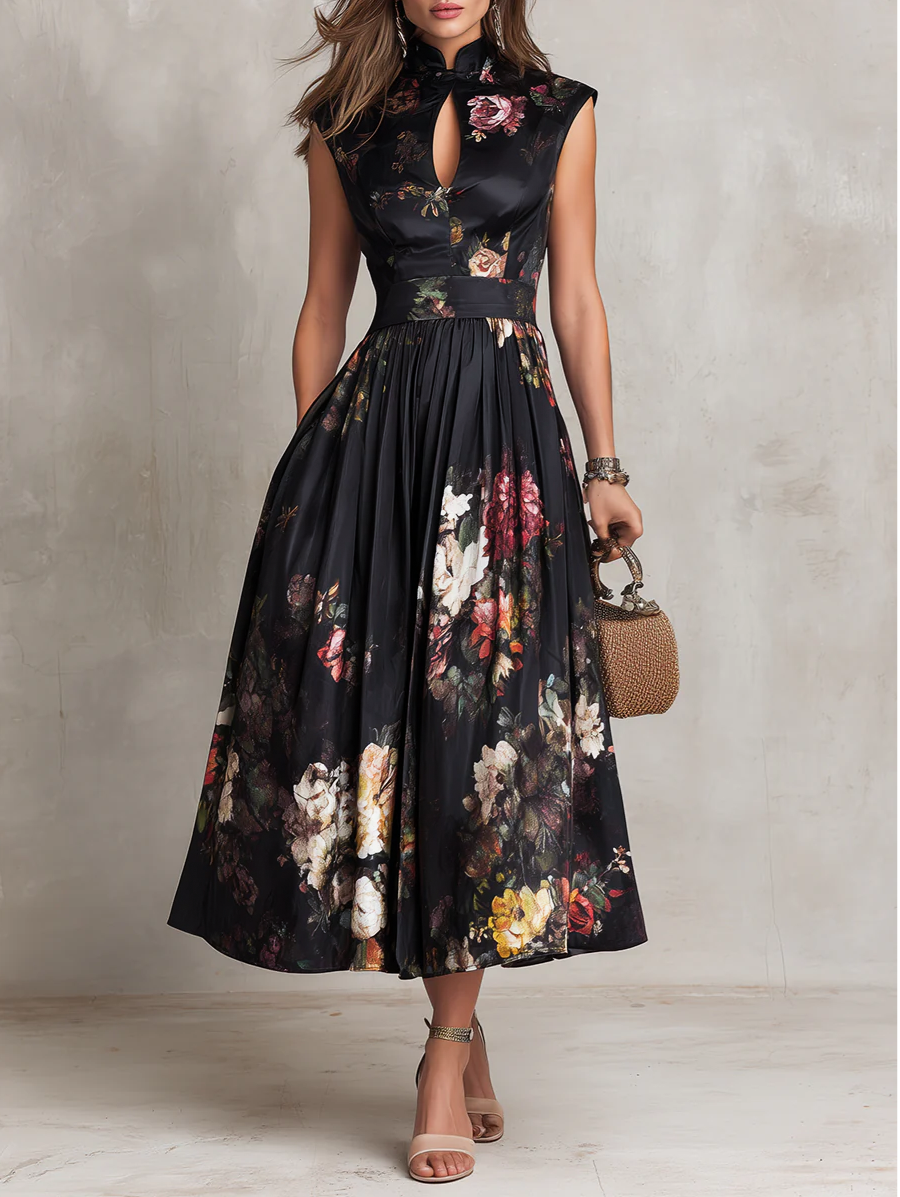 Elegant Keyhole Collar Pleated Satin Midi Dress