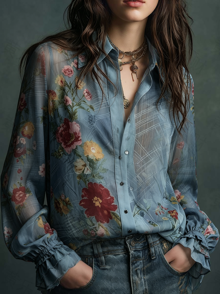 Vintage Boho Sheer Floral Button-Up Blouse | Harry & Kate London