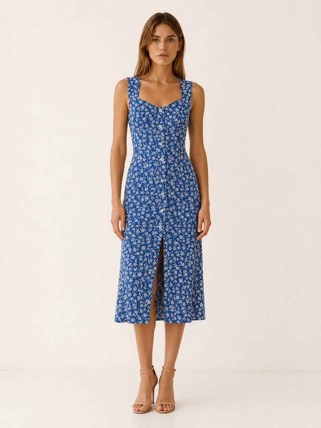 Blue Floral Midi Dress with Button Front – front view