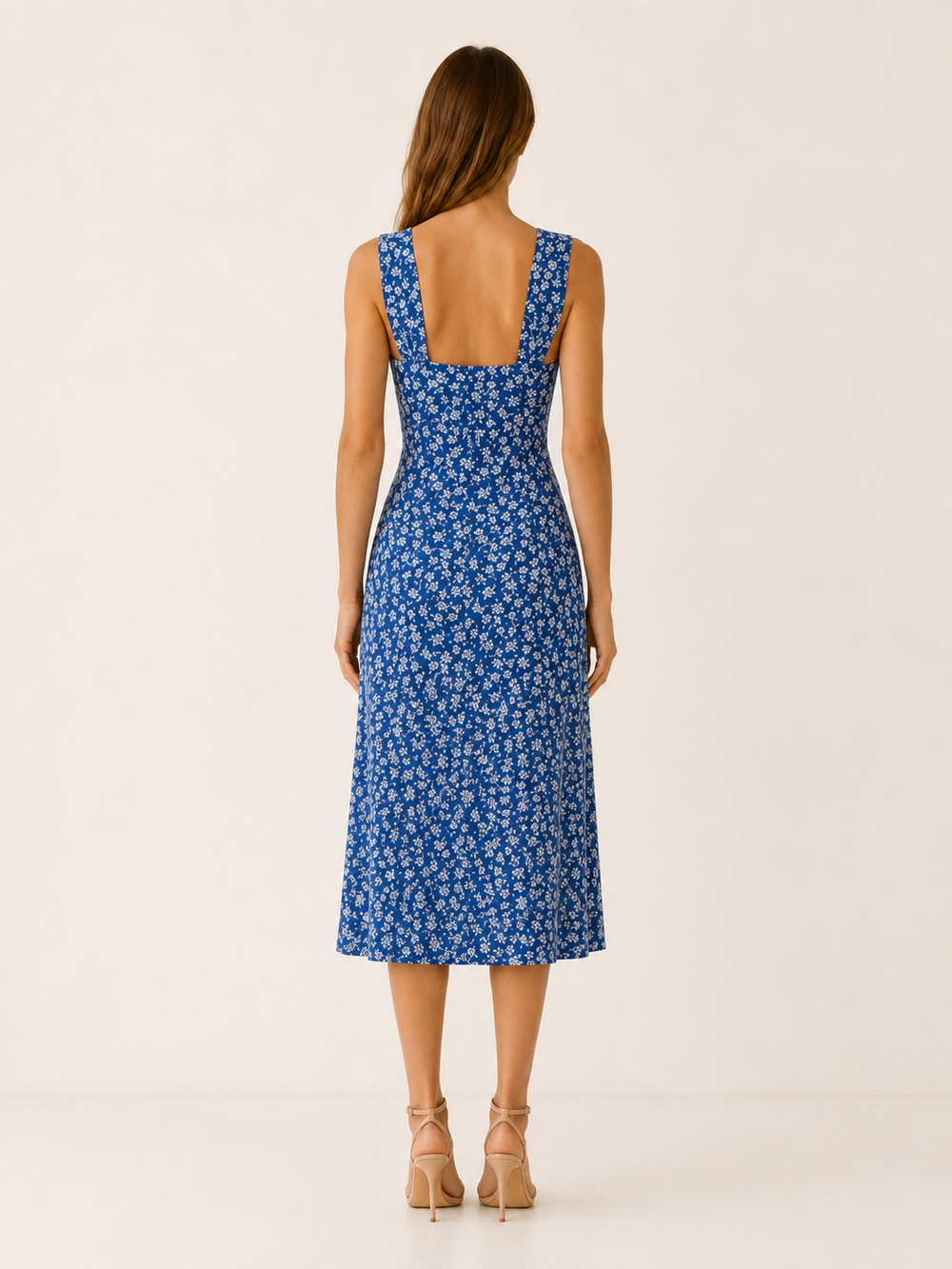 Blue Floral Midi Dress with Button Front – side view