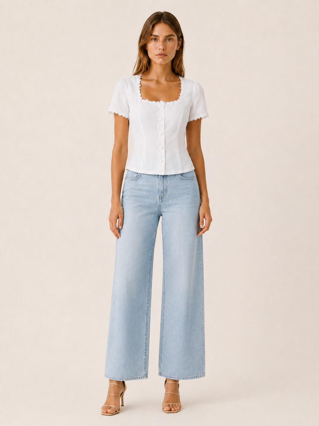 White Square Neck Blouse with Lace Trim and Tie Back – front view