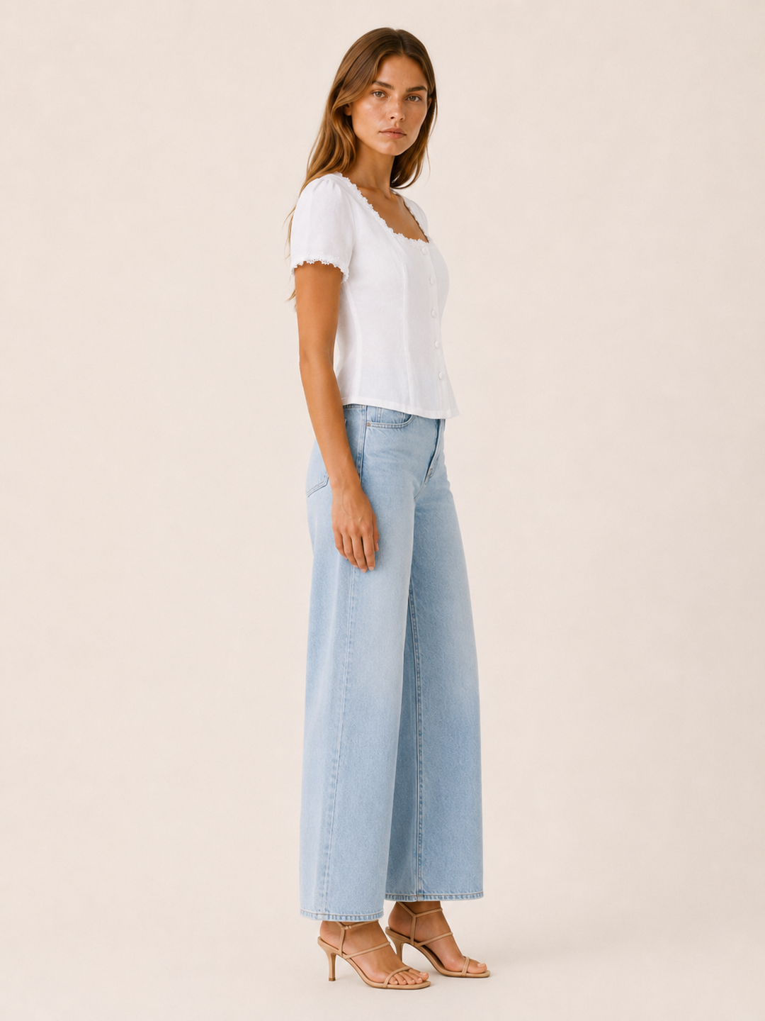 White Square Neck Blouse with Lace Trim and Tie Back – side view