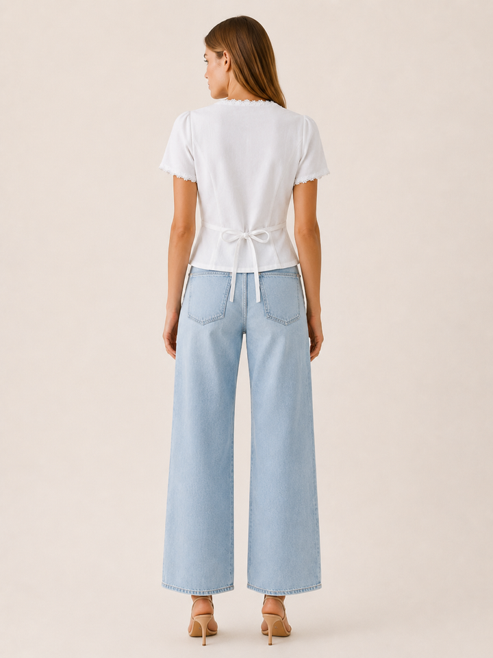 White Square Neck Blouse with Lace Trim and Tie Back – back view
