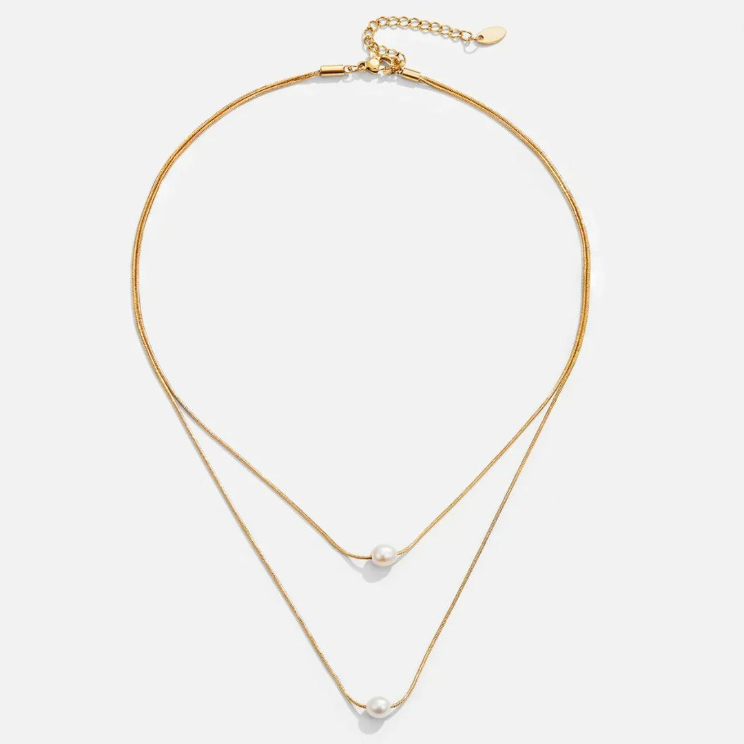 Model wearing the sophisticated layered pearl necklace