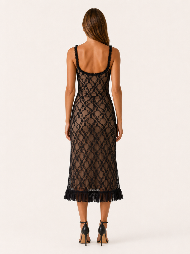 Black Lace Midi Dress with Ruffle Hem – back view
