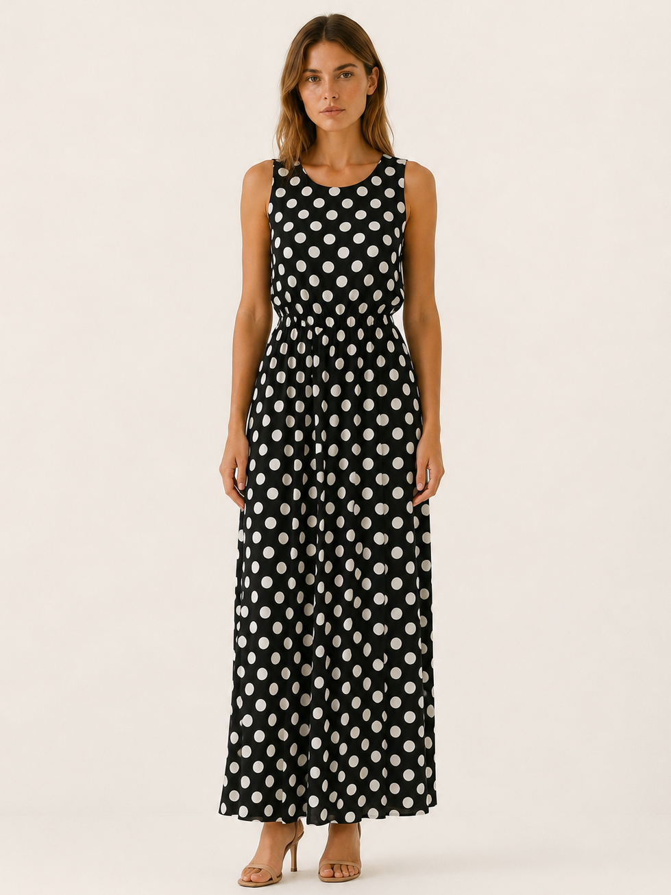 Black Polka Dot Maxi Dress with Gathered Waist – detail view