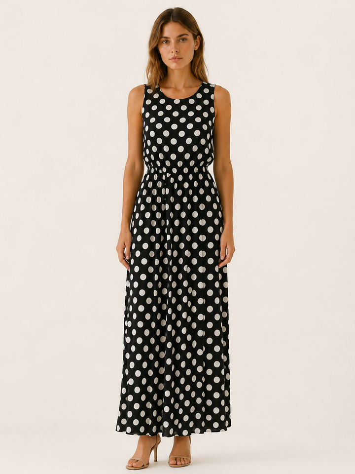 Black Polka Dot Maxi Dress with Gathered Waist – detail view