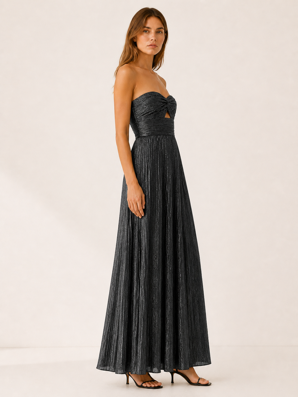 Black Metallic Maxi Dress with Strapless Pleated Design – side view