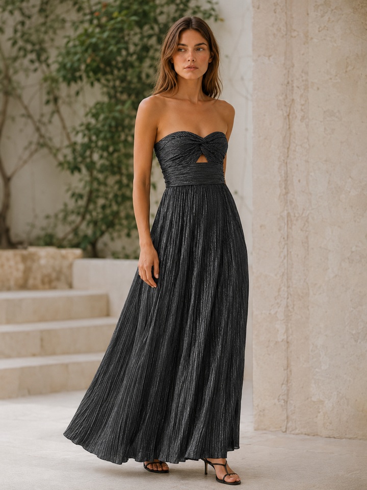 Black Metallic Maxi Dress with Strapless Pleated Design – back view