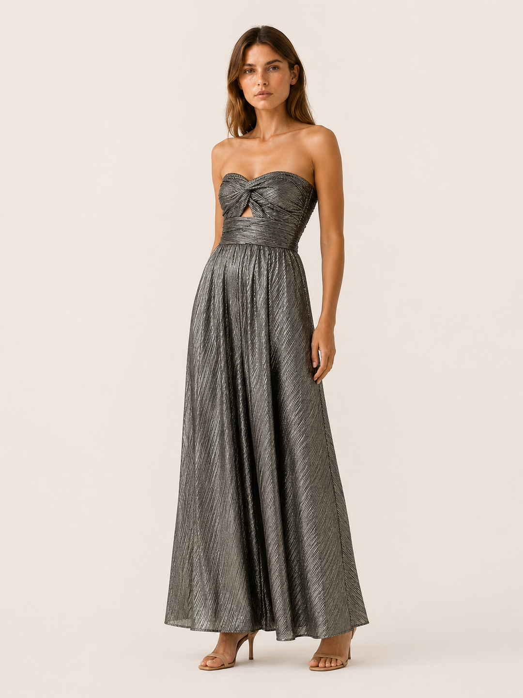 Black Metallic Maxi Dress with Strapless Pleated Design – detail view