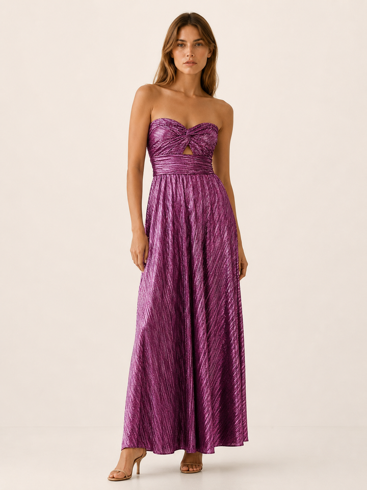 Black Metallic Maxi Dress with Strapless Pleated Design – full length view