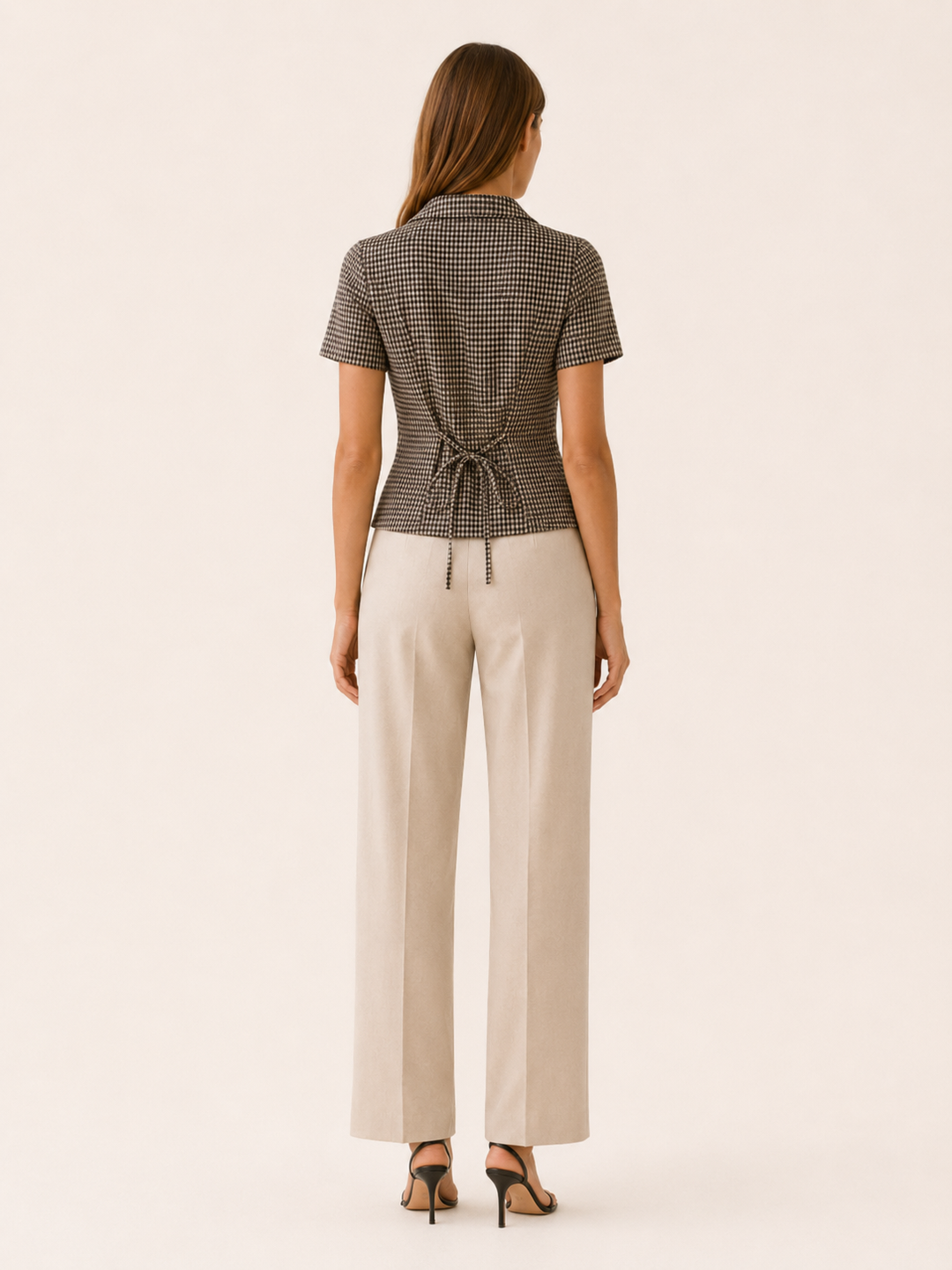 Brown Gingham Blouse with Tie Back – side view
