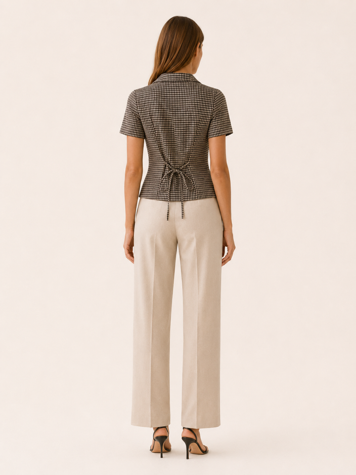 Brown Gingham Blouse with Tie Back – side view