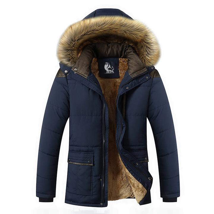 Navy Ice Wall parka, front view on model
