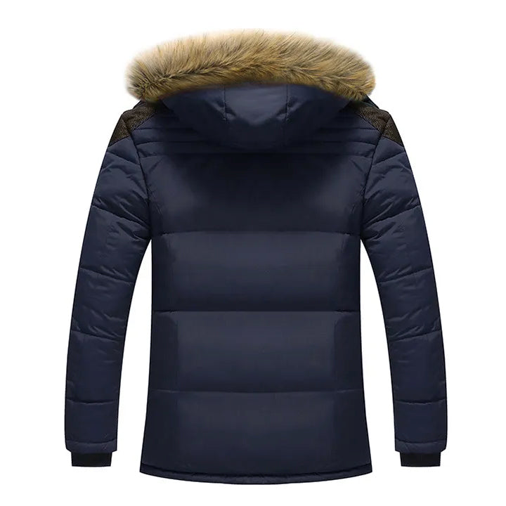Navy Ice Wall parka, back view showing hood