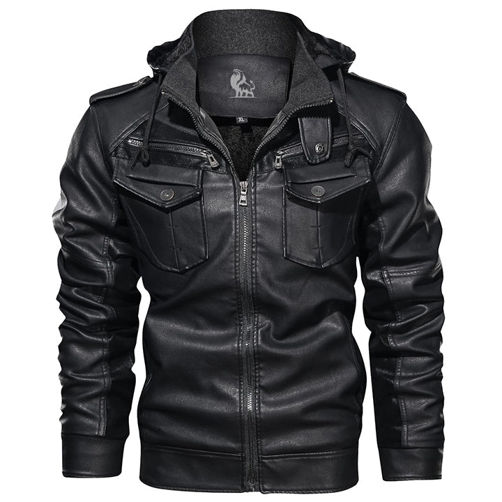 Black Titan leather jacket, front view on model