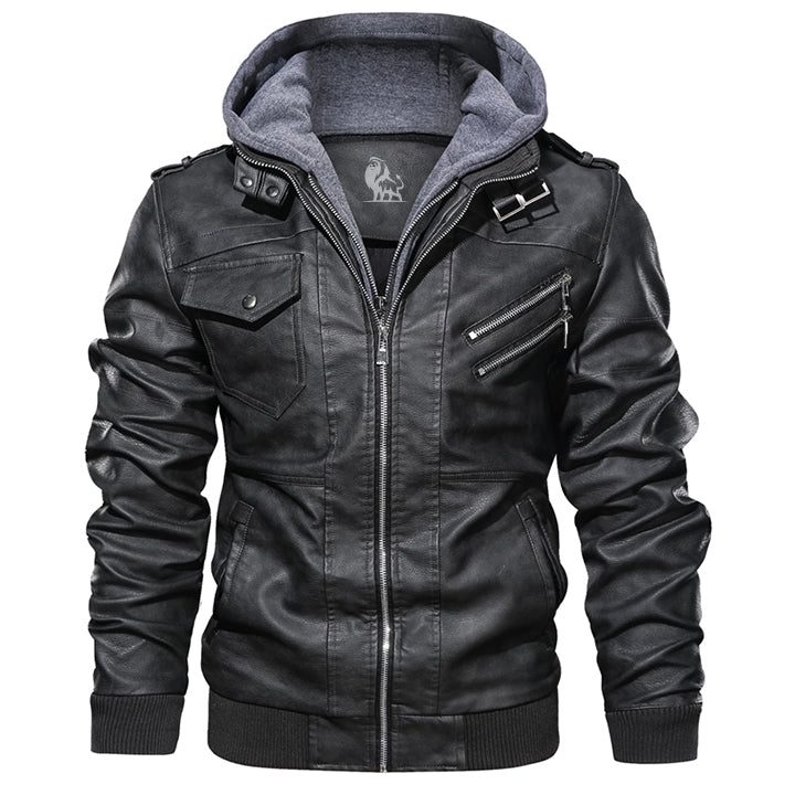Black Salvador leather jacket, front view on model