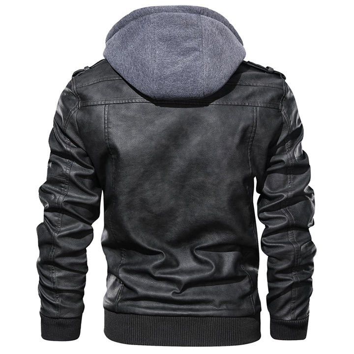 Black Salvador leather jacket, back view showing fit