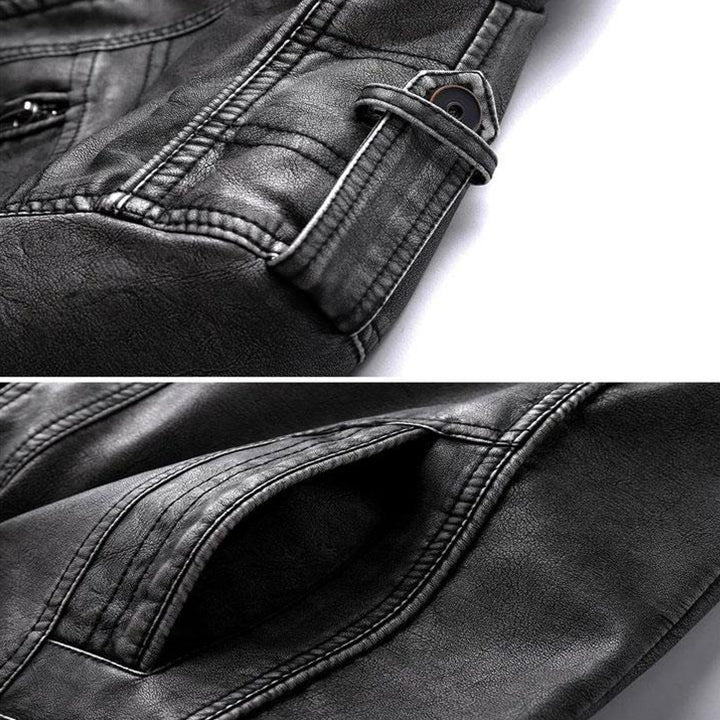 Close-up of the Bonanza jacket's leather texture and zippers